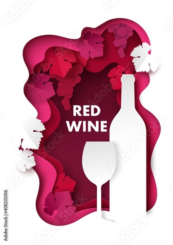 Paper cut red wine splash with grapes, bottle and wine glass silhouettes, vector illustration. Restaurant menu, poster, banner, flyer template.