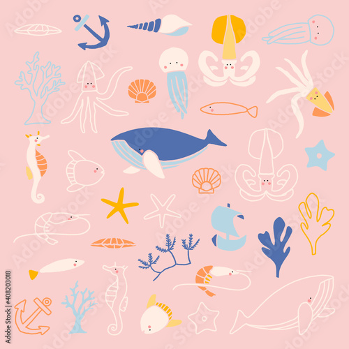 Hand drawn underwater animal collection vector