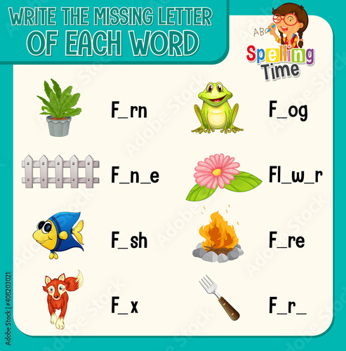 Write the missing letter of each word worksheet for children