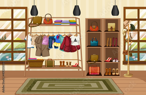 Clothes hanging on a clothesline with accessories on shelves in the room scene