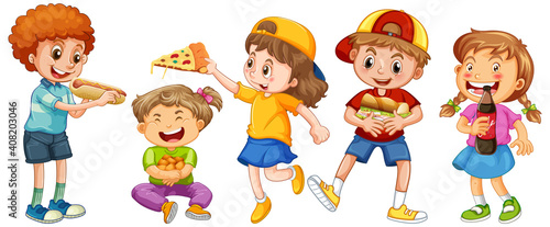 Group of young children cartoon character on white background