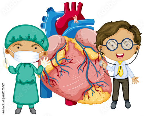 Human heart with two doctor cartoon character
