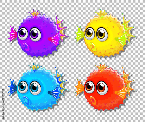 Set of different color puffer fish with big eyes cartoon character on transparent background