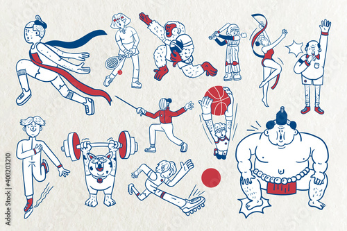 Athletes doodle character collection vector