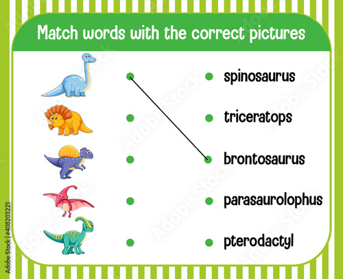 Word to picture matching worksheet dinosaur theme