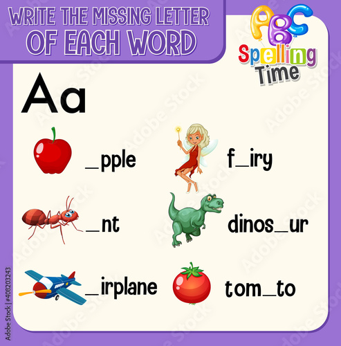 Fill the missing letter of each word worksheet for children