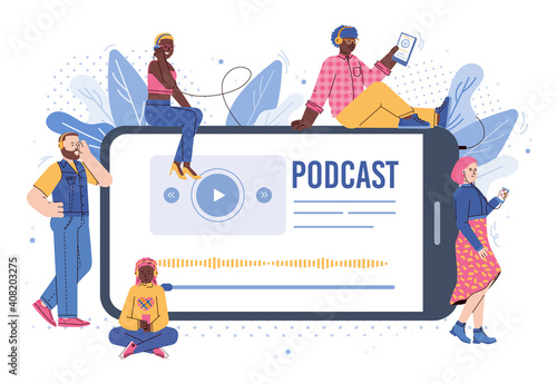Radio podcast banner template with cartoon people listening to radio stream, flat vector illustration. Mass media broadcasting and live audio streaming.