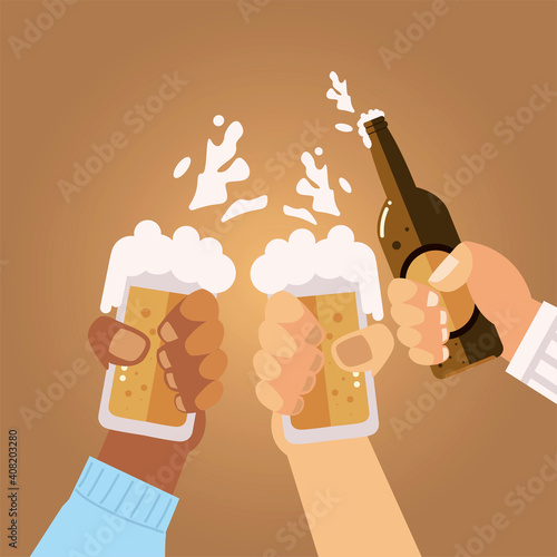 male hands with beer mugs and bottle celebrating, cheers