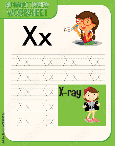 Alphabet tracing worksheet with letter and vocabulary