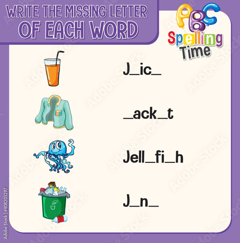 Write the missing letter of each word worksheet for children