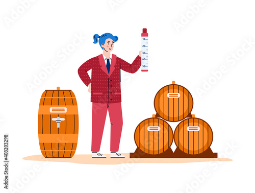 Winemaking process - aging wine in wooden barrels. Woman winemaker checkup quality wine. Production traditional of alcohol grape drink at the winery. Vector isolated illustration