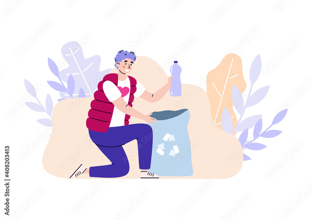 Obraz premium Volunteer cartoon character picking up trash, flat vector illustration isolated on white background. Volunteer and environmental campaign of waste recycling.