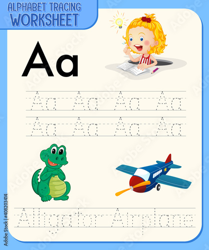 Alphabet tracing worksheet with letter and vocabulary