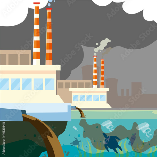 factory plant pollutes, trash emission from pipes to river water