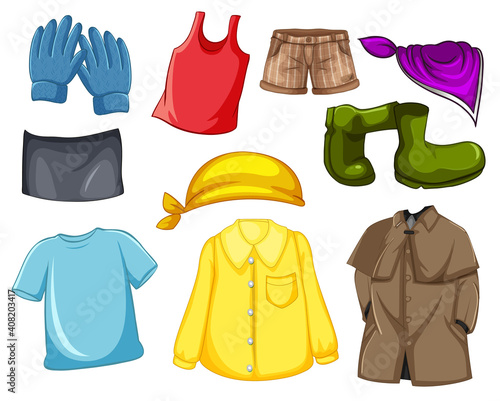 Set of fashion outfits and accessories on white background