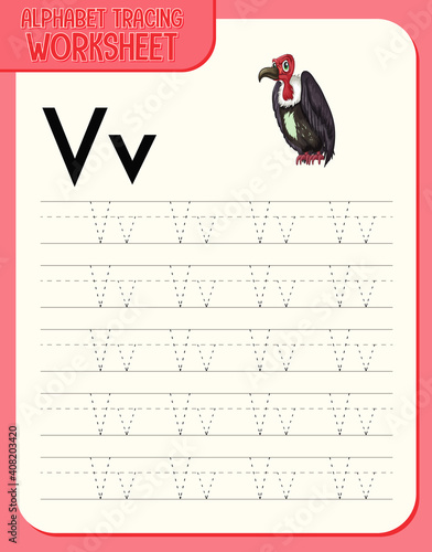 Alphabet tracing worksheet with letter V and v