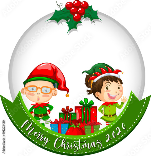 Blank circle banner with Merry Christmas 2020 and cute elf