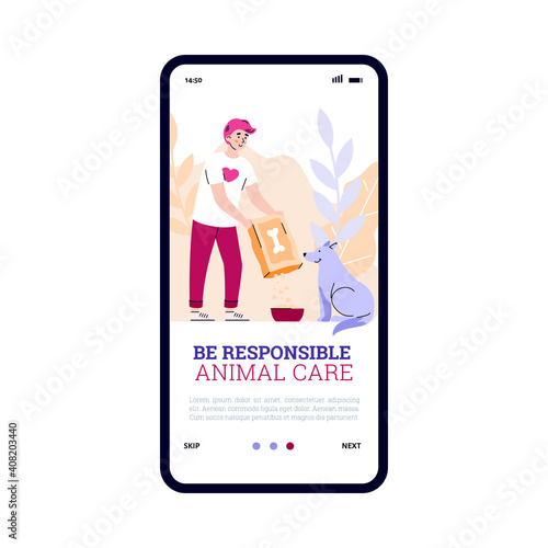 Onboarding mobile page with volunteer feeding dog in animal shelter, flat cartoon vector illustration. Volunteering animals care and social responsibility.