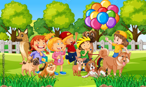 Park outdoor scene with many children and their pet