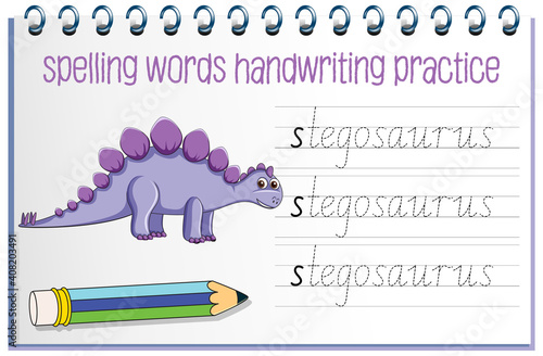 Spelling words dinosaur handwriting practice worksheet