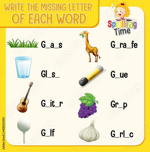 Write the missing letter of each word worksheet for children