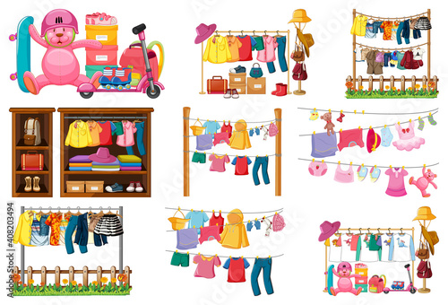 Set of clothes, accessories and wardrobe isolated on white background
