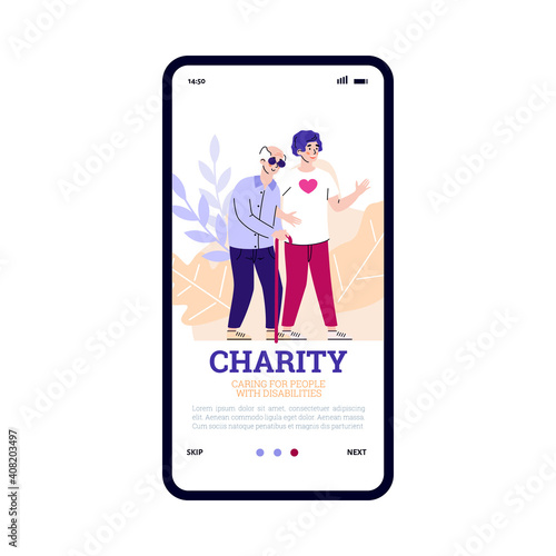 Mobile app on phone screen for care and charity for old people with disabilities. Young man volunteer or social worker helps elderly man with cane. Assistance and support senior.