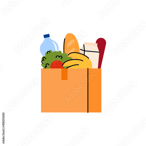 Cardboard box full of products for food donation. Volunteering, social support and charity for poor and homeless. Flat vector illustration isolated on a white background.