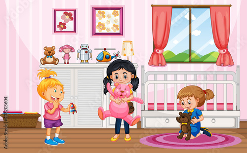 Scene with many kids in the pink room © GraphicsRF