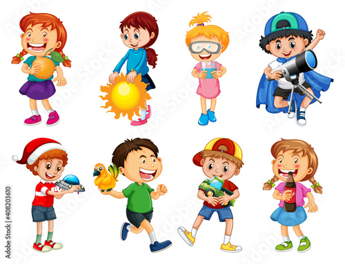 Set of different kid playing with their toys cartoon character isolated on wh...
