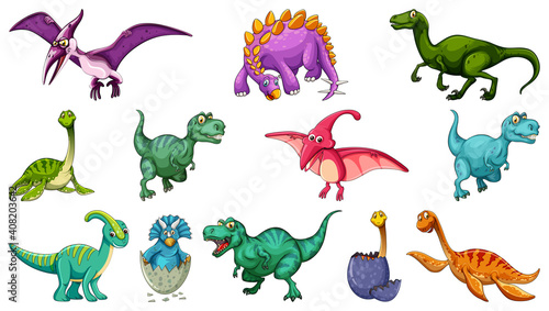 Set of different dinosaur cartoon character isolated on white background