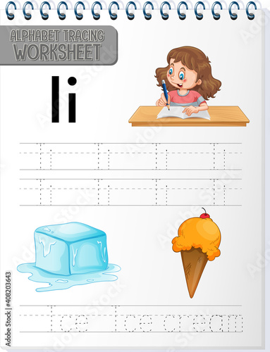 Alphabet tracing worksheet with letter and vocabulary