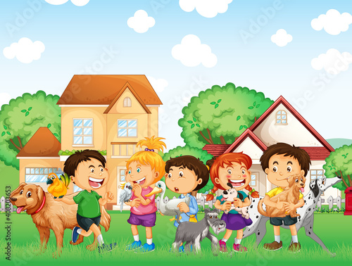 Outdoor scene with group of pet and children