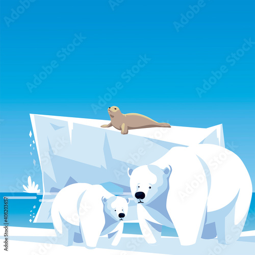 polar bears and seal iceberg north pole landscape
