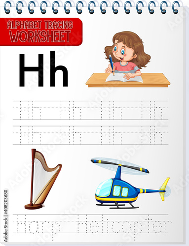 Alphabet tracing worksheet with letter and vocabulary