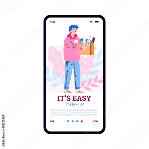 Vector mobile app on phone screen for charity. Male volunteer hold donation box full cleaning and hygiene products. Volunteering, social help and aid poor and homeless people