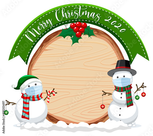 Blank wooden board with Merry Christmas 2020 font logo and snowman wearing mask