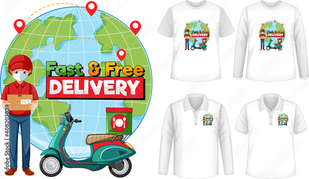 Set of different types of shirts with fast and free delivery logo screen on shirts