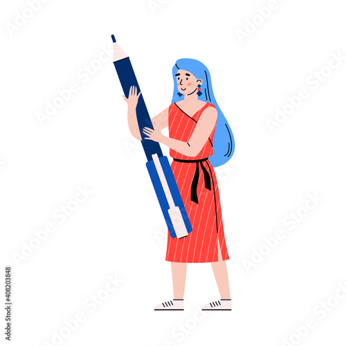 Female scrum team character with pen, using agile kanban methodology for development and management project and analyzing strategy task and process. Vector isolated illustration.