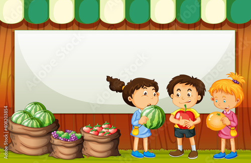 Blank banner with three kids in fruit market theme