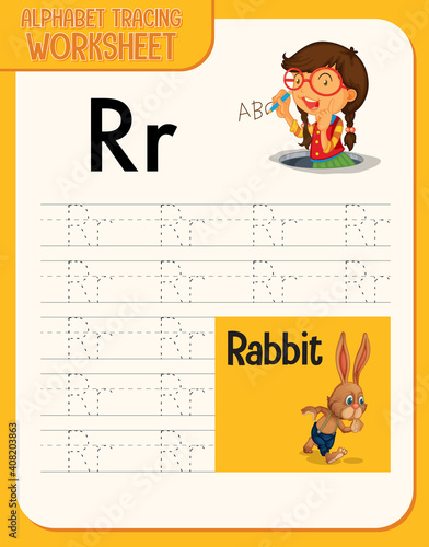 Alphabet tracing worksheet with letter and vocabulary