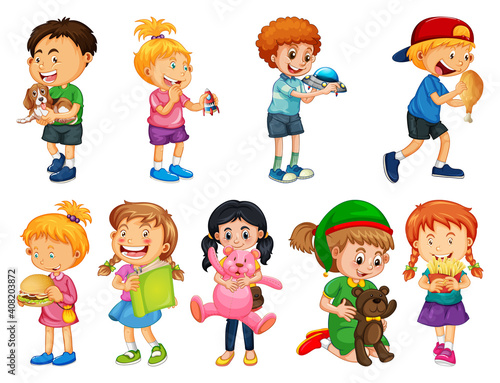 Set of different kid playing with their toys cartoon character isolated on wh...