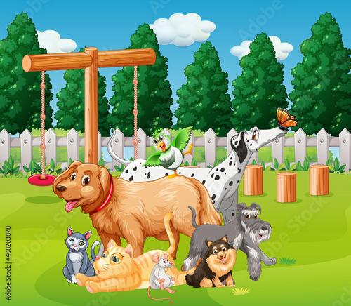 Group of pet in the plaground scene