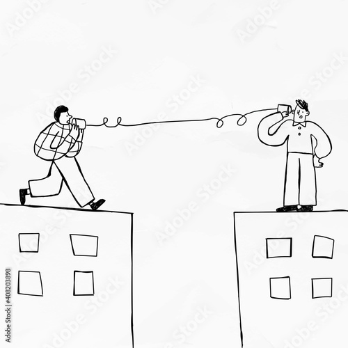 Men talking with cup telephone while in social isolation vector