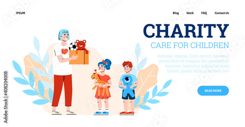 Charity and donation for children. Vector landing page template with volunteer giving box with toys to boy and girl. Volunteering, help, support for kids from poor family or orphans
