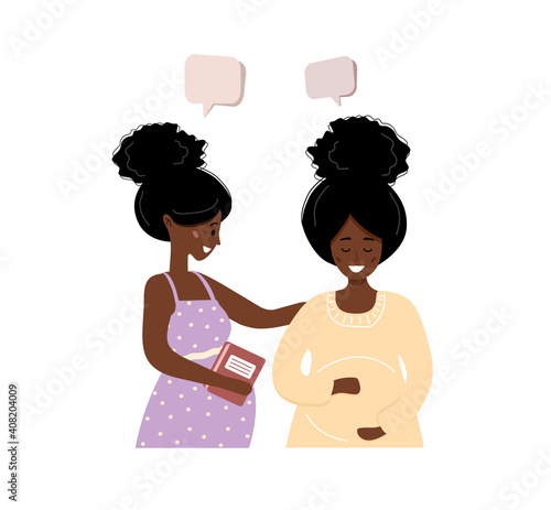 Pregnant african girl talk to each other. Business women discuss social network, chat with dialog speech bubbles, debate working moments. Modern vector illustration in flat style.