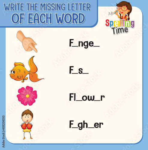 Write the missing letter of each word worksheet for children