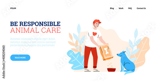 Website page interface with volunteer feeding dog in animal shelter, flat cartoon vector illustration. Volunteering animals care and social responsibility webpage.