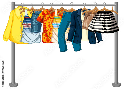 Many clothes hanging on a clothes rack on white background