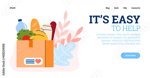 Volunteering and food donation. Concept of Its easy to help. Landing page template with cardboard box full of products for social support and charity for poor and homeless. Vector.